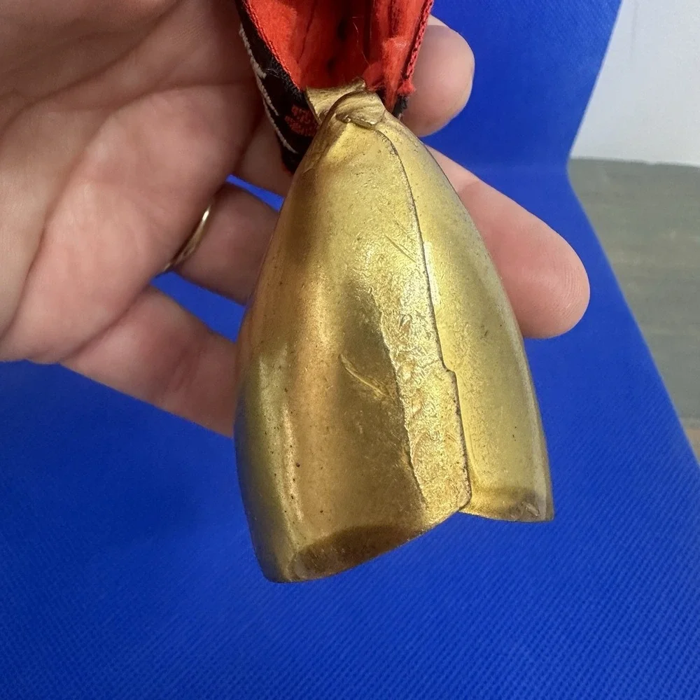 Vintage Floral Switzerland Gold Tone Metal Cow Bell with Floral Heart Ribbon